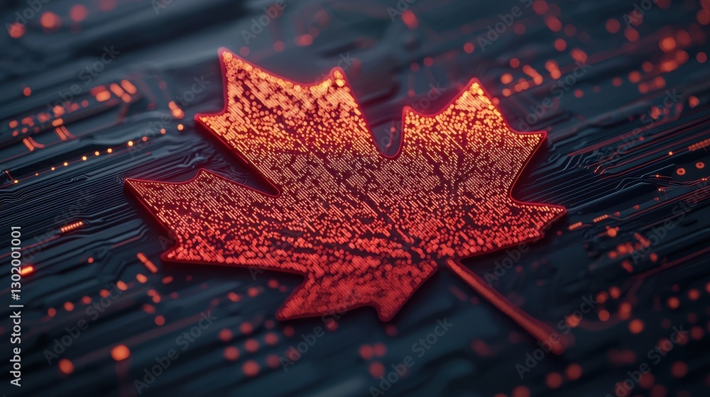 Poster glowing red maple leaf on circuit board background representing technology and nature integration