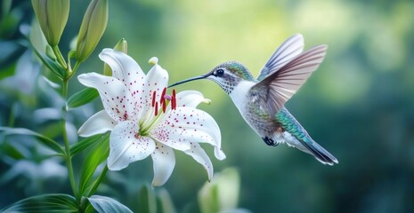 Hummingbird feeding on a white lily flower. (1)