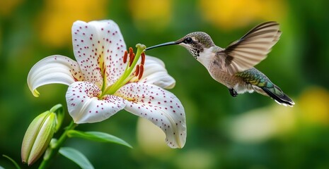 Fototapeta premium Hummingbird feeding on a white lily flower.