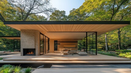 Fototapeta premium Modern, open-plan home with a wood deck in a forest setting