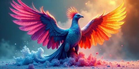 Obraz premium A vibrant avian creature with iridescent plumage, majestic wings outstretched, standing amidst a swirling cloud of colorful dust and particles.