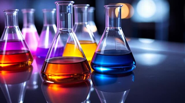 Colorful beakers filled with liquids in a laboratory