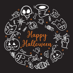 Halloween black background pumpkin doodle element hand drawn illustrator
