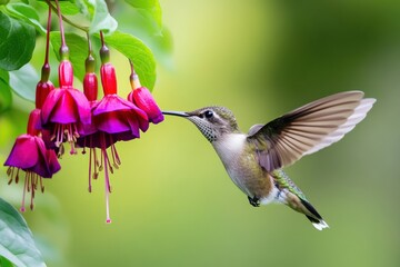 Naklejka premium Hummingbird feeding on fuchsia flowers. (4)