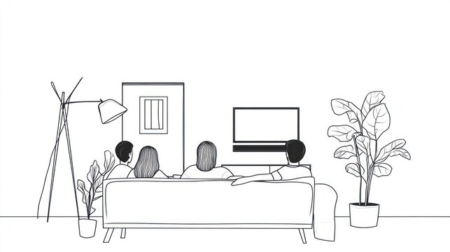 watching tv, black and white line art clip art preview