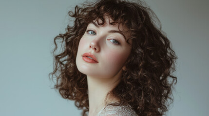 Fototapeta premium A beautiful woman with curly hair, natural-looking makeup, generative AI