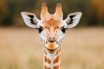 Obraz premium A young giraffe with large expressive eyes and patterned fur, standing in the african savanna with a soft blurred background