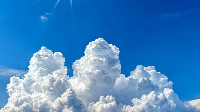 Majestic white cumulus clouds towering against a bright blue sky, creating a serene atmosphere