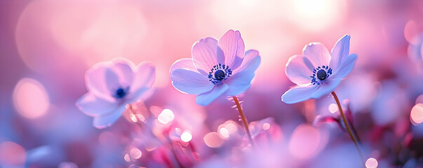 Fototapeta premium Pink flowers sunset field bokeh