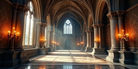 Obraz premium Sunlit Grandeur A Majestic Hallway with Ornate Columns, Candles, and Stained Glass Windows