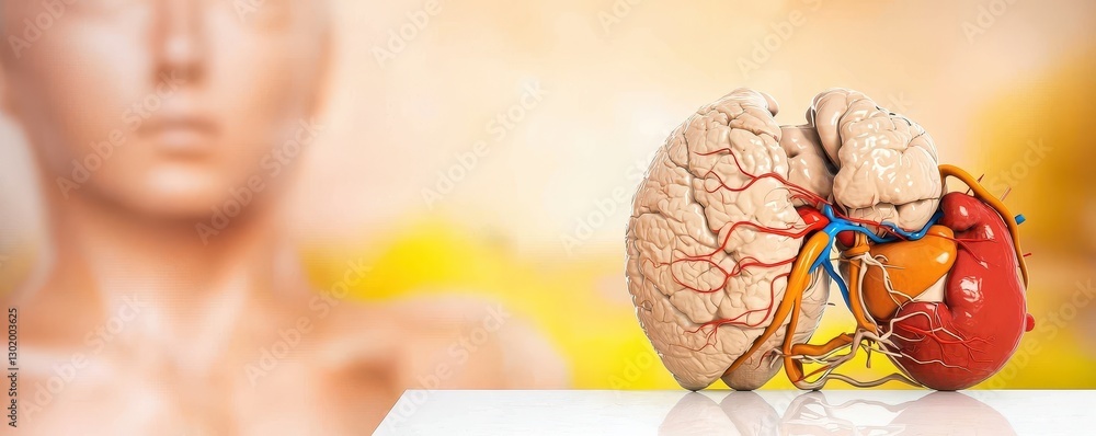 Poster a brain and heart model are featured in the foreground, symbolizing the connection between intellect