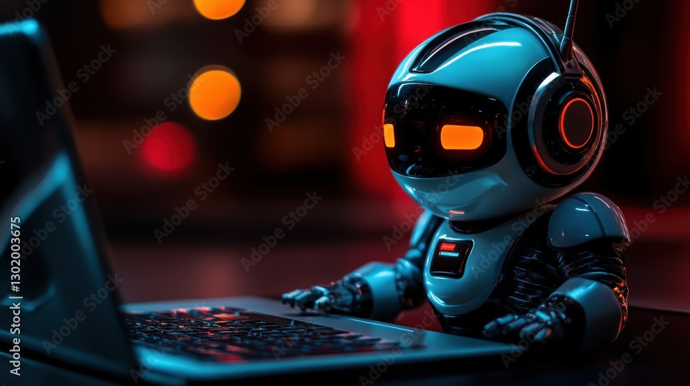 Poster a futuristic robot with a headset engages with a laptop, illuminated by colorful lights, creating a 