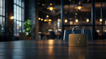 A golden padlock sits on a wooden table in a dimly lit room, surrounded by plants and illuminated by warm lights, suggesting themes of security and secrecy.