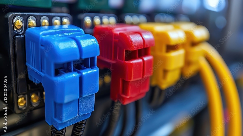 Poster colorful electrical connectors are lined up, showcasing a close-up view of their intricate design an