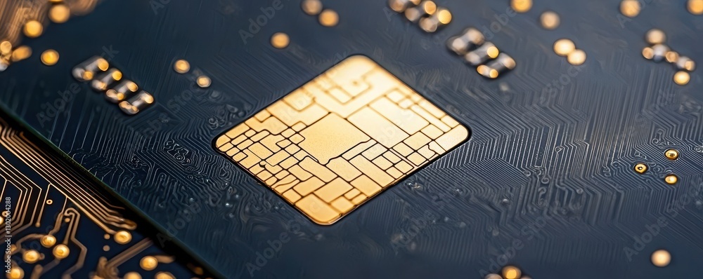 Poster a close-up of a microchip on a circuit board, highlighting intricate patterns and metallic surfaces,