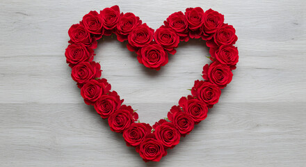 Obraz premium Romantic red roses arranged in a heart shape on wooden background love on transparent background
