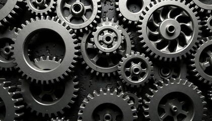 Seamless industrial gears background in black and white, machinery, texture
