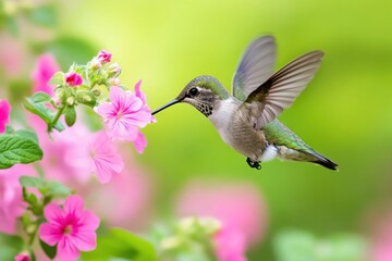 Fototapeta premium Hummingbird feeding on pink flowers in flight. (1)