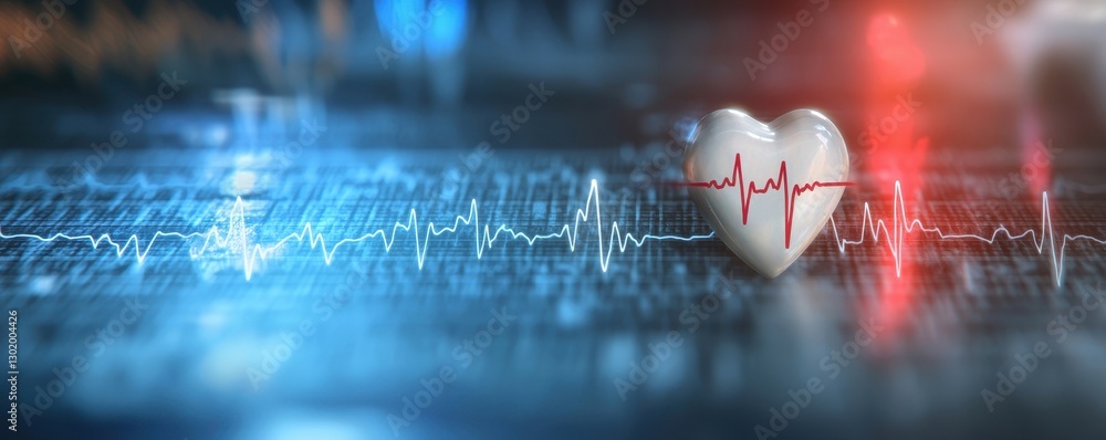 Poster a heart symbol rests on a digital screen displaying an ecg heartbeat pattern, representing health an