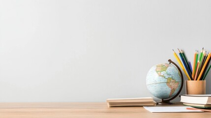 Globe and colored pencils on a wooden table against a gray wall