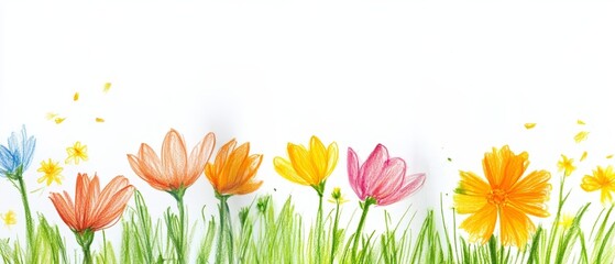 flower crayon kid pastel spring background painting hand chalk grass pencil art childish vector pattern plant cute wax border doodle color garden sketch draw nature illustration drawn frame green