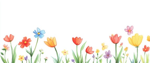 flower crayon kid pastel spring background painting hand chalk grass pencil art childish vector pattern plant cute wax border doodle color garden sketch draw nature illustration drawn frame green
