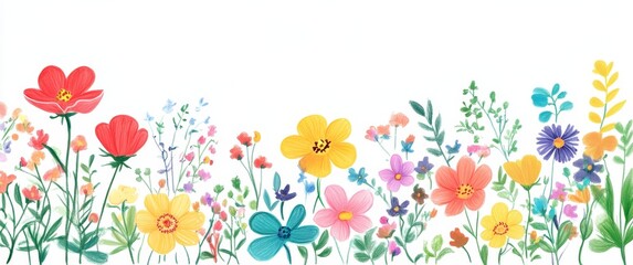 flower crayon kid pastel spring background painting hand chalk grass pencil art childish vector pattern plant cute wax border doodle color garden sketch draw nature illustration drawn frame green