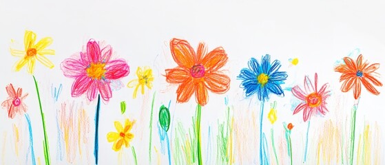 flower crayon kid pastel spring background painting hand chalk grass pencil art childish vector pattern plant cute wax border doodle color garden sketch draw nature illustration drawn frame green