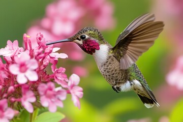 Obraz premium Hummingbird feeding on pink flowers in flight. (5)
