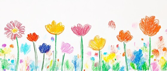 flower crayon kid pastel spring background painting hand chalk grass pencil art childish vector pattern plant cute wax border doodle color garden sketch draw nature illustration drawn frame green
