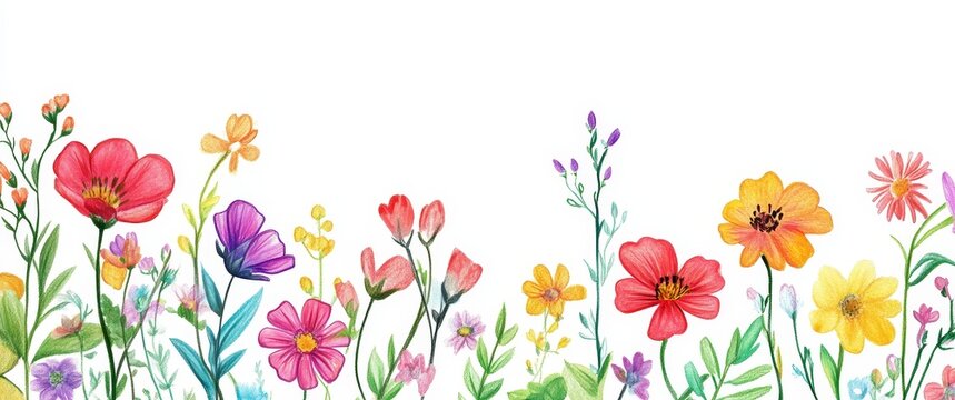 flower crayon kid pastel spring background painting hand chalk grass pencil art childish vector pattern plant cute wax border doodle color garden sketch draw nature illustration drawn frame green