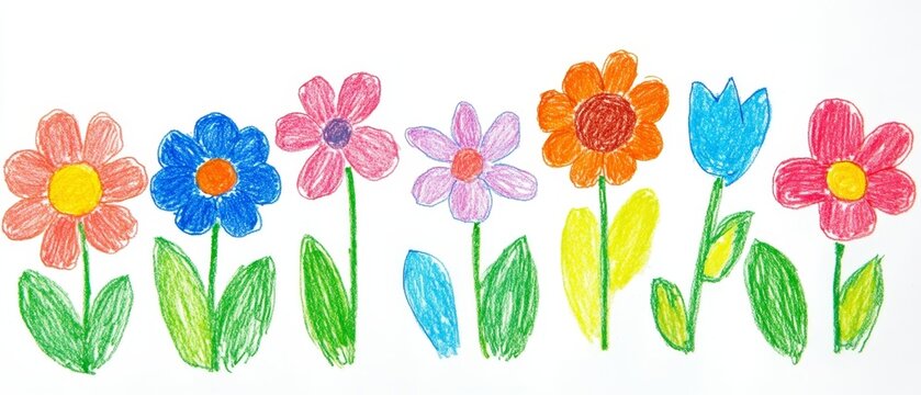 flower crayon kid pastel spring background painting hand chalk grass pencil art childish vector pattern plant cute wax border doodle color garden sketch draw nature illustration drawn frame green