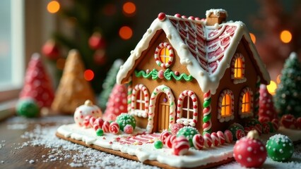 Fototapeta premium A charming gingerbread house confection, meticulously decorated with candy canes and frosting, sits amidst miniature festive trees, creating a magical winter scene.