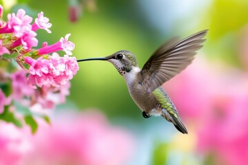 Naklejka premium Hummingbird feeding on pink flowers in flight.