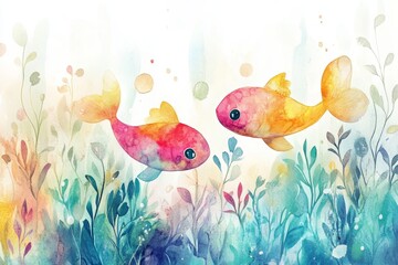 Naklejka premium Two Colorful Fish Swimming in a Watercolor Underwater World