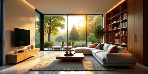 Modern living room design showcasing a sectional sofa, coffee table, and built-in shelving unit, bathed in warm sunlight streaming through expansive windows overlooking a tranquil landscape.