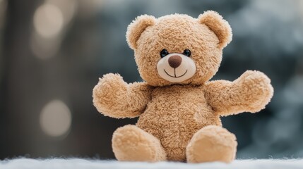 Obraz premium A charming brown teddy bear sits atop a pristine white blanket, gazing left into a soft-focus outdoorsy backdrop, inviting warmth and coziness