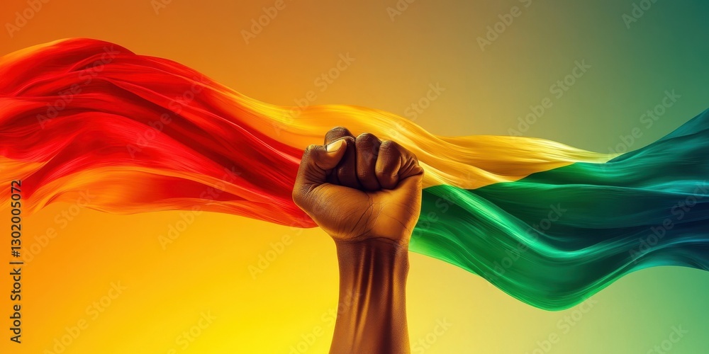 Poster symbol of resilience and unity: a fist clenching a colorful flag representing freedom and strength