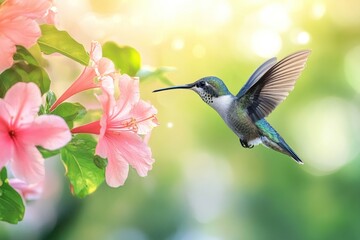 Naklejka premium Hummingbird feeding on pink hibiscus flower in sunlight.