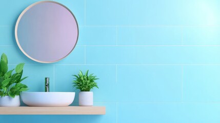 Modern Bathroom Interior, Light Blue Tiles, Plants, Sink