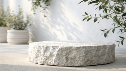 Stone Platform with Greenery and White Wall