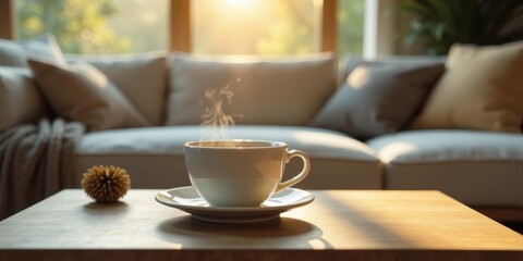 Fototapeta premium Warm morning sunlight illuminates a steaming cup of tea on a wooden coffee table, in front of a comfortable sofa with soft cushions, creating a cozy and inviting atmosphere.