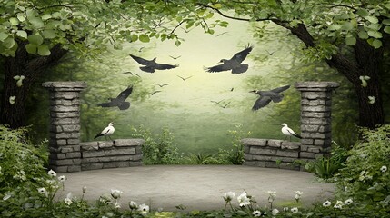 Naklejka premium Enchanted Forest Scene with Birds in Flight and Stone Columns
