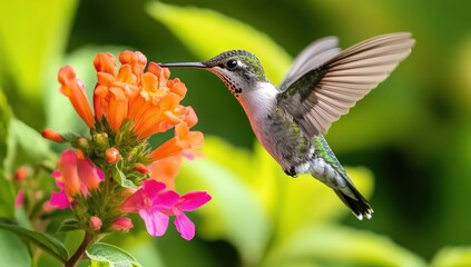 Fototapeta premium Hummingbird feeding on vibrant orange and pink flowers.