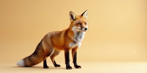 Obraz premium A Majestic Red Fox Standing Against a Warm, Neutral Background, Displaying its Vibrant Fur and Alert Posture