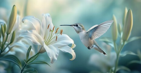 Naklejka premium Hummingbird feeding on white lily.