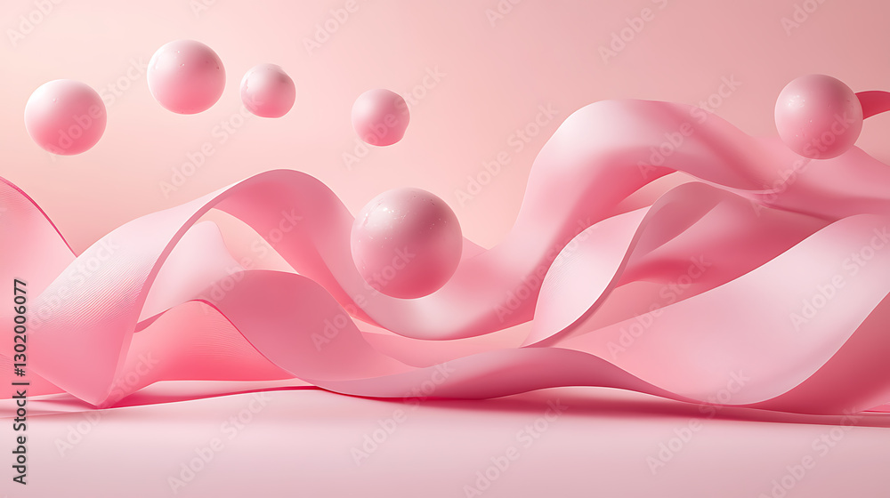 Poster floating pink spheres and ribbons studio setting abstract art soft environment dynamic viewpoint ele