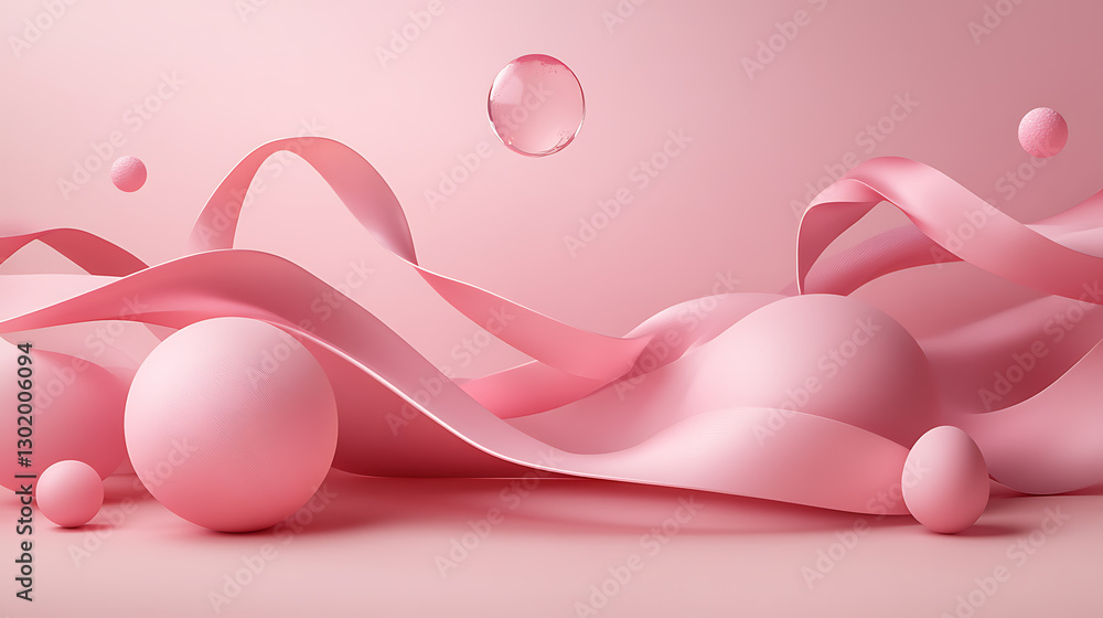 Aufkleber dynamic pink ribbons and spheres abstract art minimalist design studio setting close-up view visual 