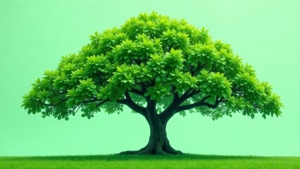 Fototapeta premium Lush Green Foliage of a Majestic Tree Standing Tall Against a Soft Green Sky, Its Roots Firmly Planted in a Vibrant Green Meadow