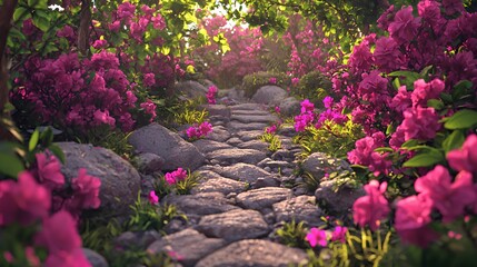 Sunlit Stone Path Through Pink Flowers